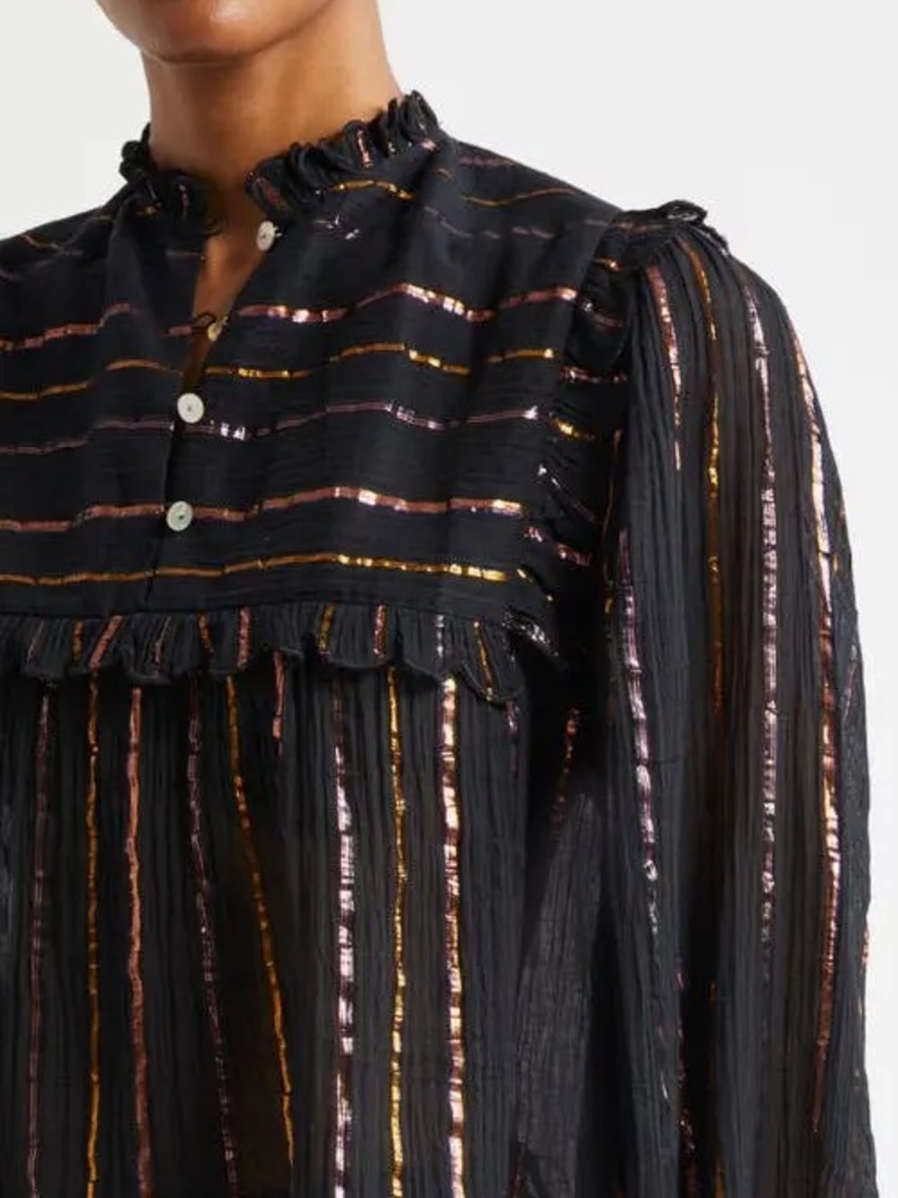 Black Metallic Stripe Ruffled Yoke Blouse, Farm Rio, XS